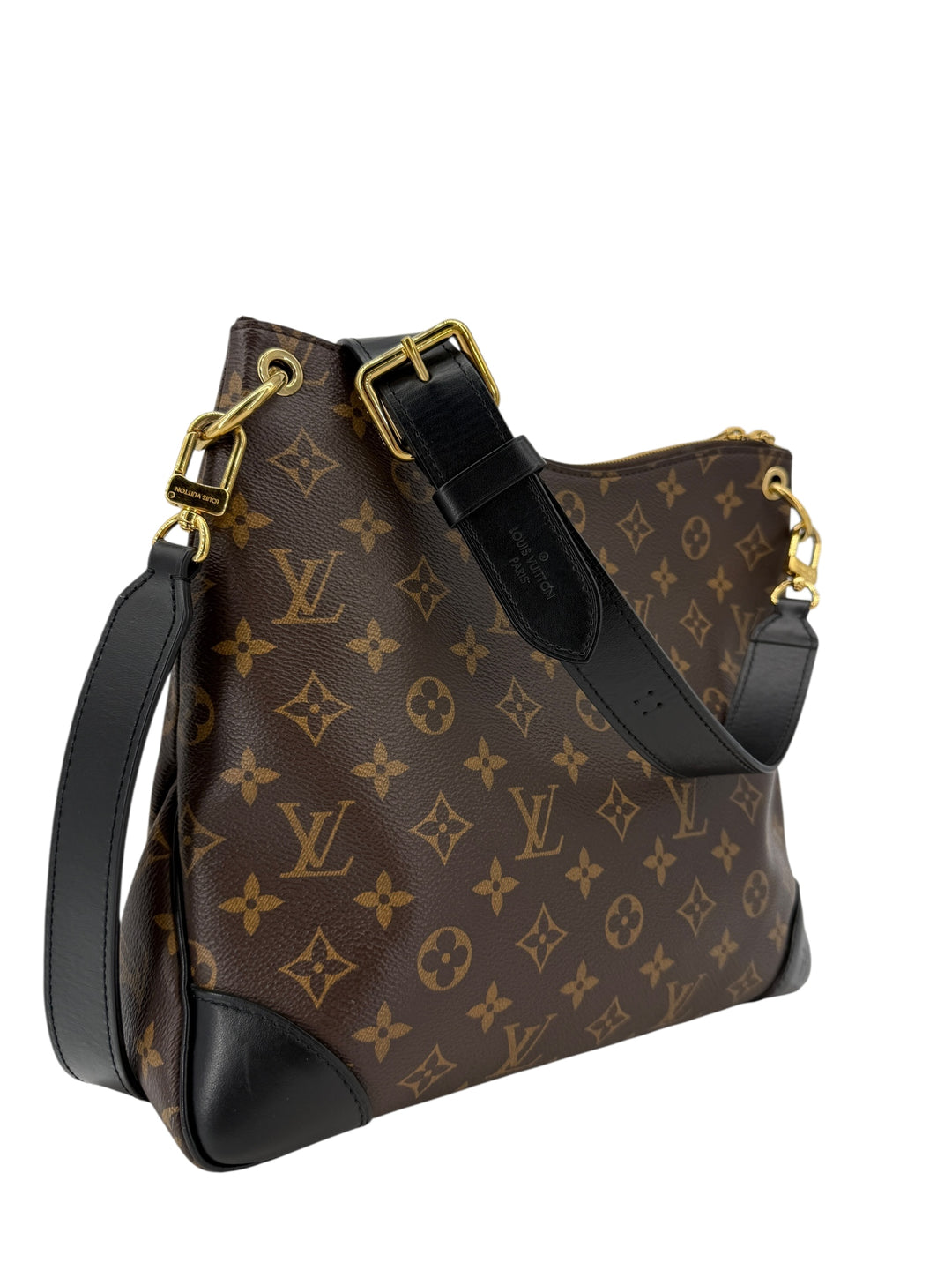 Louis Vuitton Monogram Odeon MM shoulder bag with black leather trim, perfect for city life and everyday use.