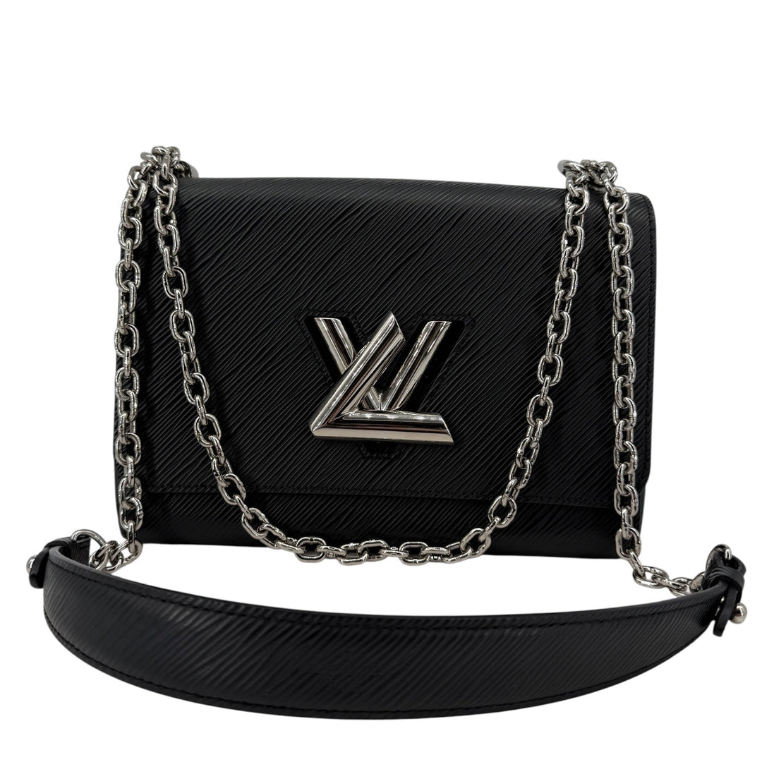 Louis Vuitton Epi Twist MM Black Noir Crossbody Shoulder Bag with Silver LV Lock and chain strap.