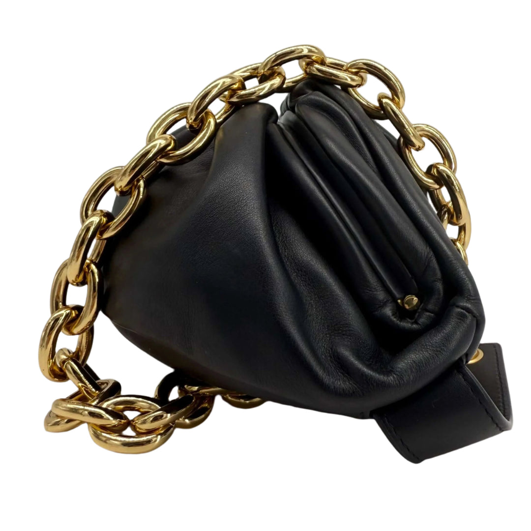 Bottega Veneta The Pouch Chain handbag in black calfskin leather with gold chain strap, featuring a unique ruched design.