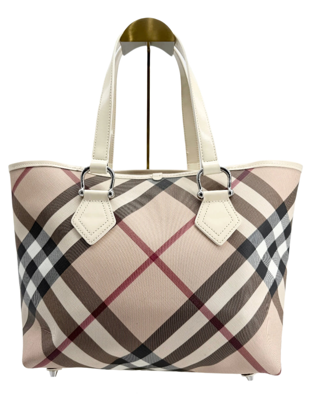 Burberry Nova Check Large Nickie Tote in white leather and checked canvas, showcasing timeless elegance and spacious functionality.