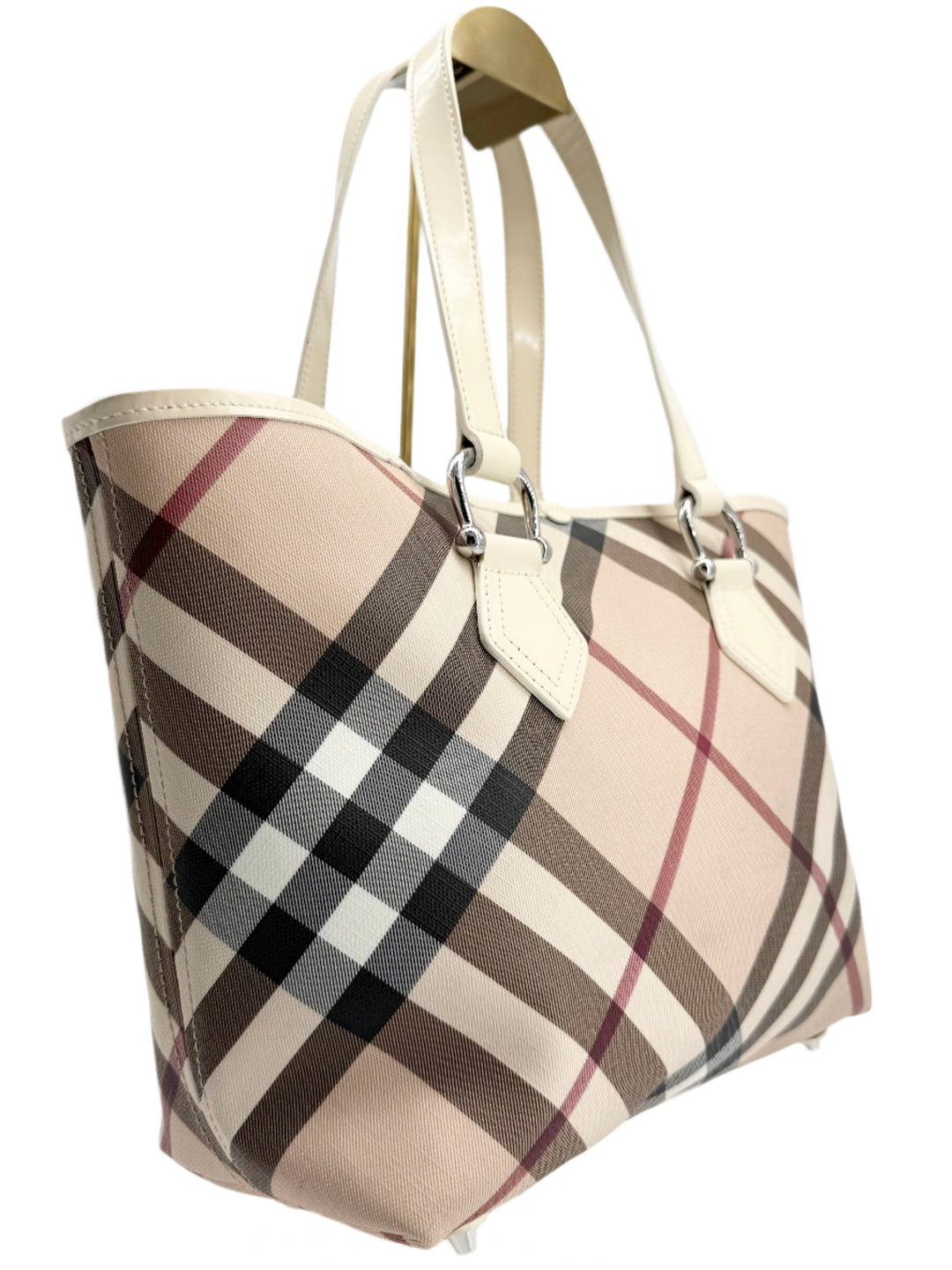 Burberry Nova Check Large Nickie Tote in white leather with classic house check pattern, offering timeless sophistication.