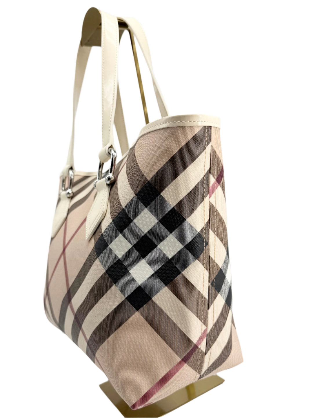 Burberry Nova Check Large Nickie Tote in white leather and classic house check pattern, showcasing elegant design and spacious style.