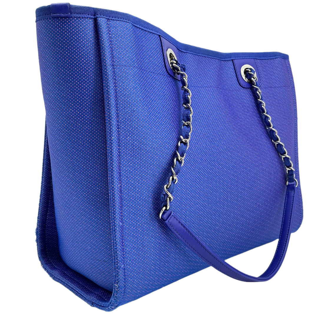 Chanel Mixed Fibers Small Deauville Tote in vibrant blue canvas with elegant chain detailing.