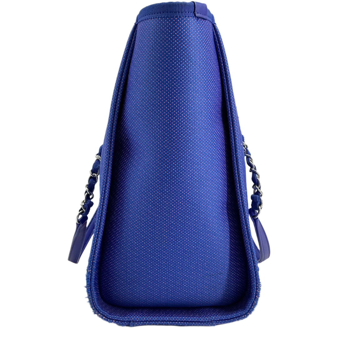 Chanel Mixed Fibers Small Deauville Tote in blue canvas showcasing its elegant structure and design.