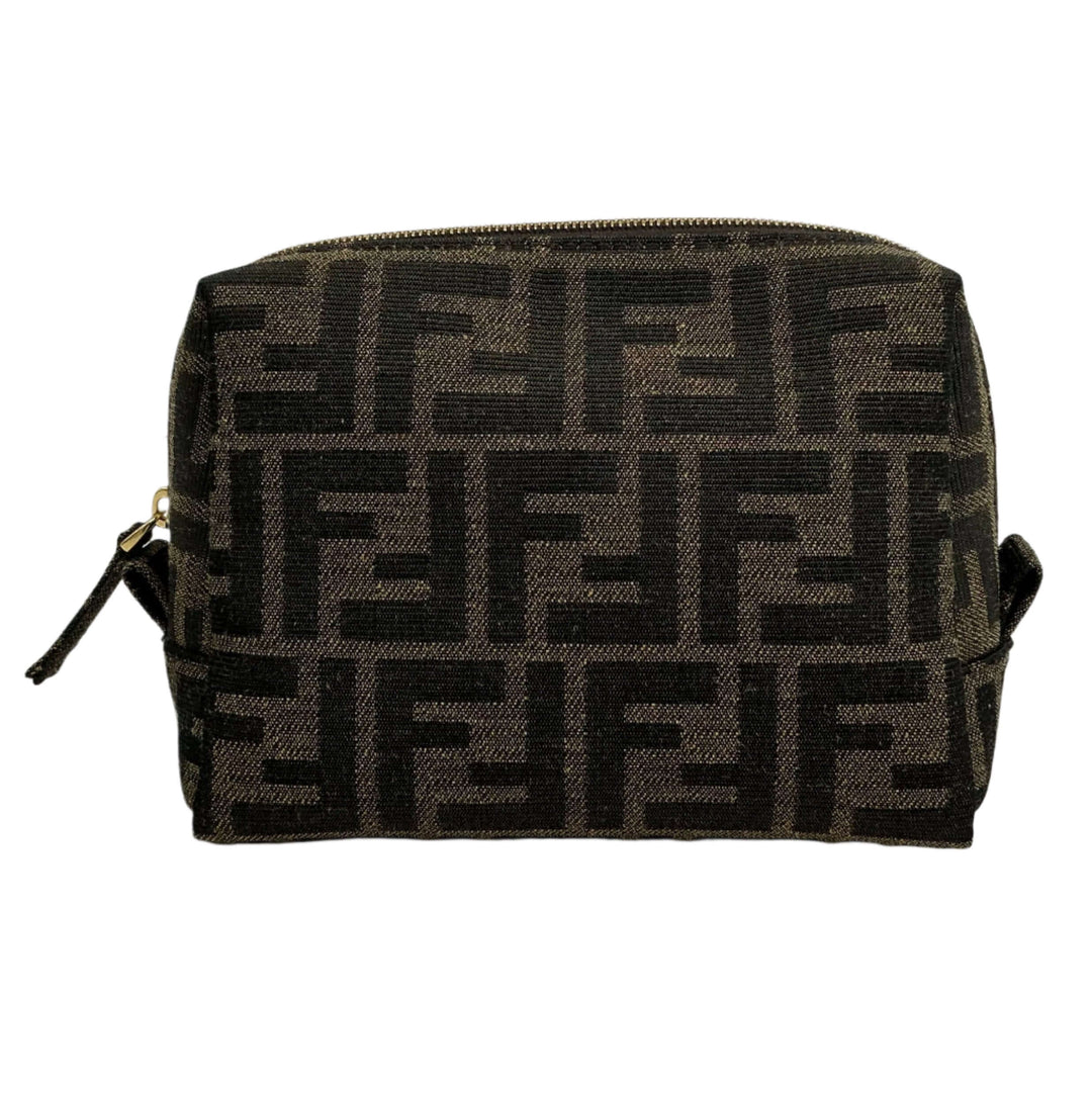 Fendi FF 1974 Trapezoid Beauty Pouch in brown and black jacquard canvas, stylish and compact cosmetic case.