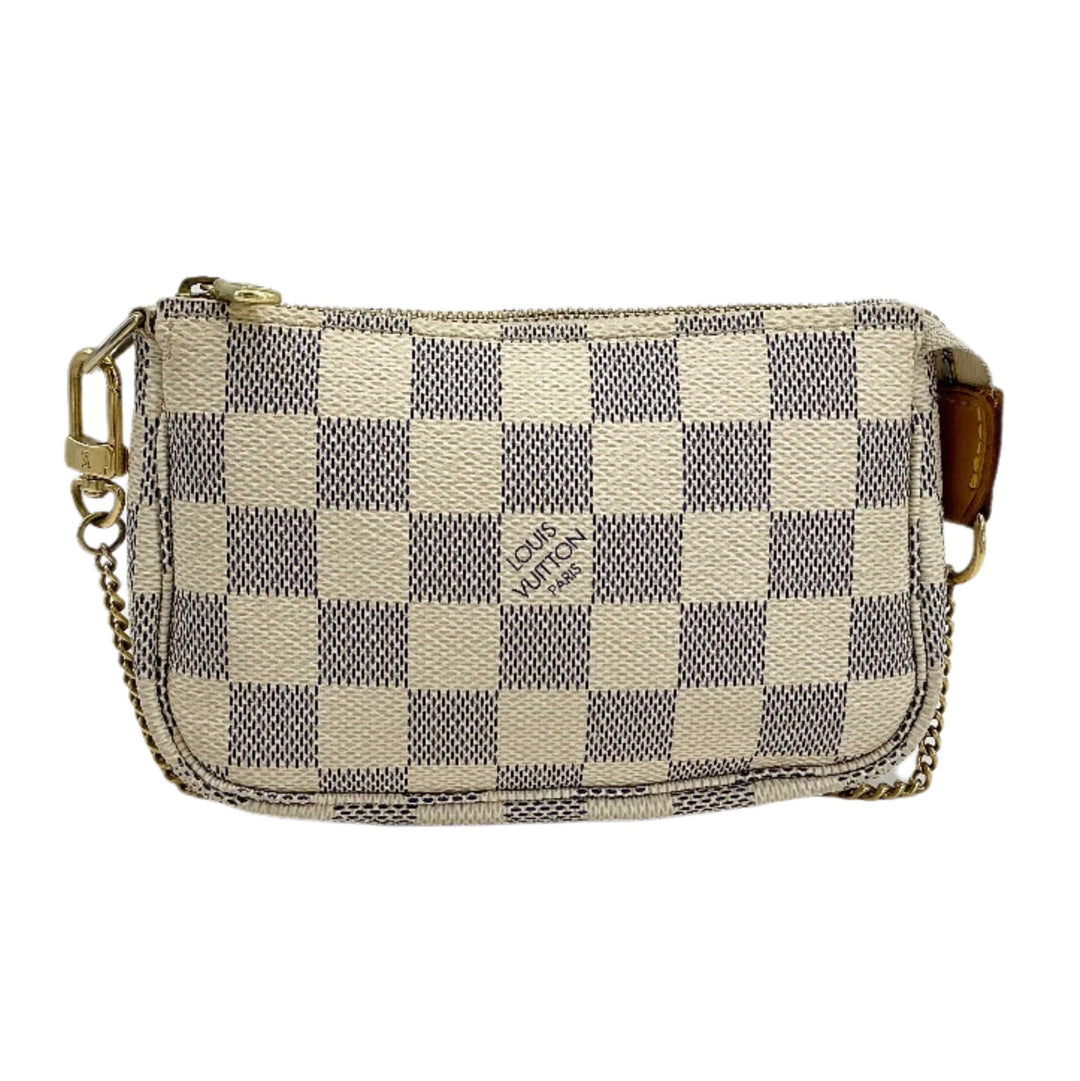 Louis Vuitton Damier Azur Mini Pochette Accessories wristlet pouch with chain, crafted from iconic coated canvas.