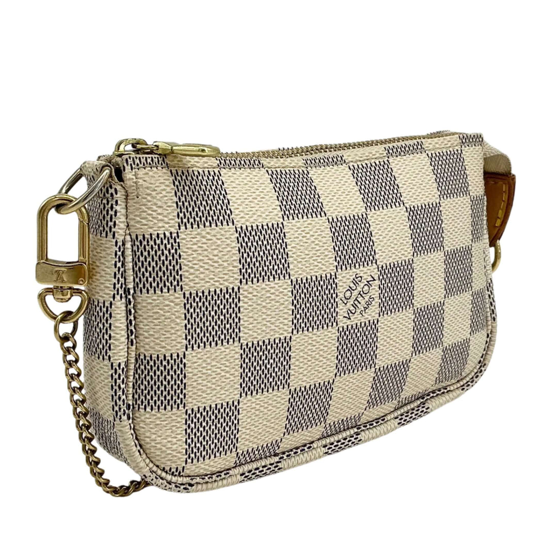 Louis Vuitton Damier Azur Mini Pochette Accessories wristlet pouch in iconic coated canvas with chain detail