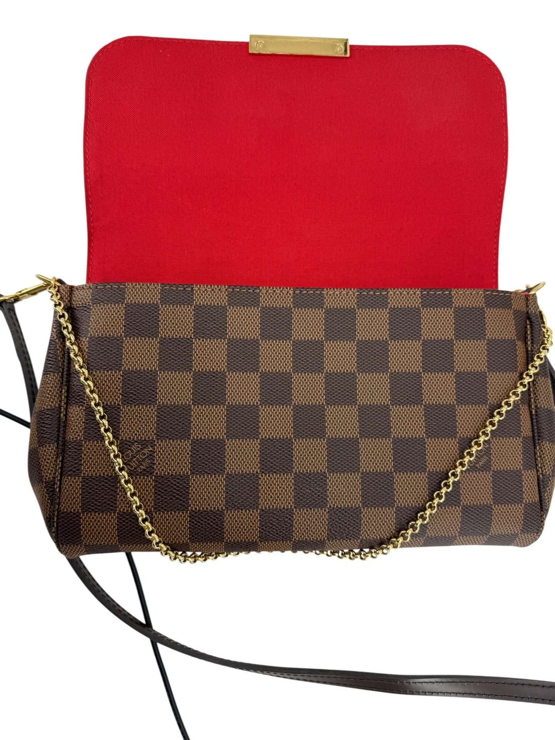 Louis Vuitton Damier Ebene Favorite MM Bag | LuxLoveLouis interior view showcasing red lining and chain strap.
