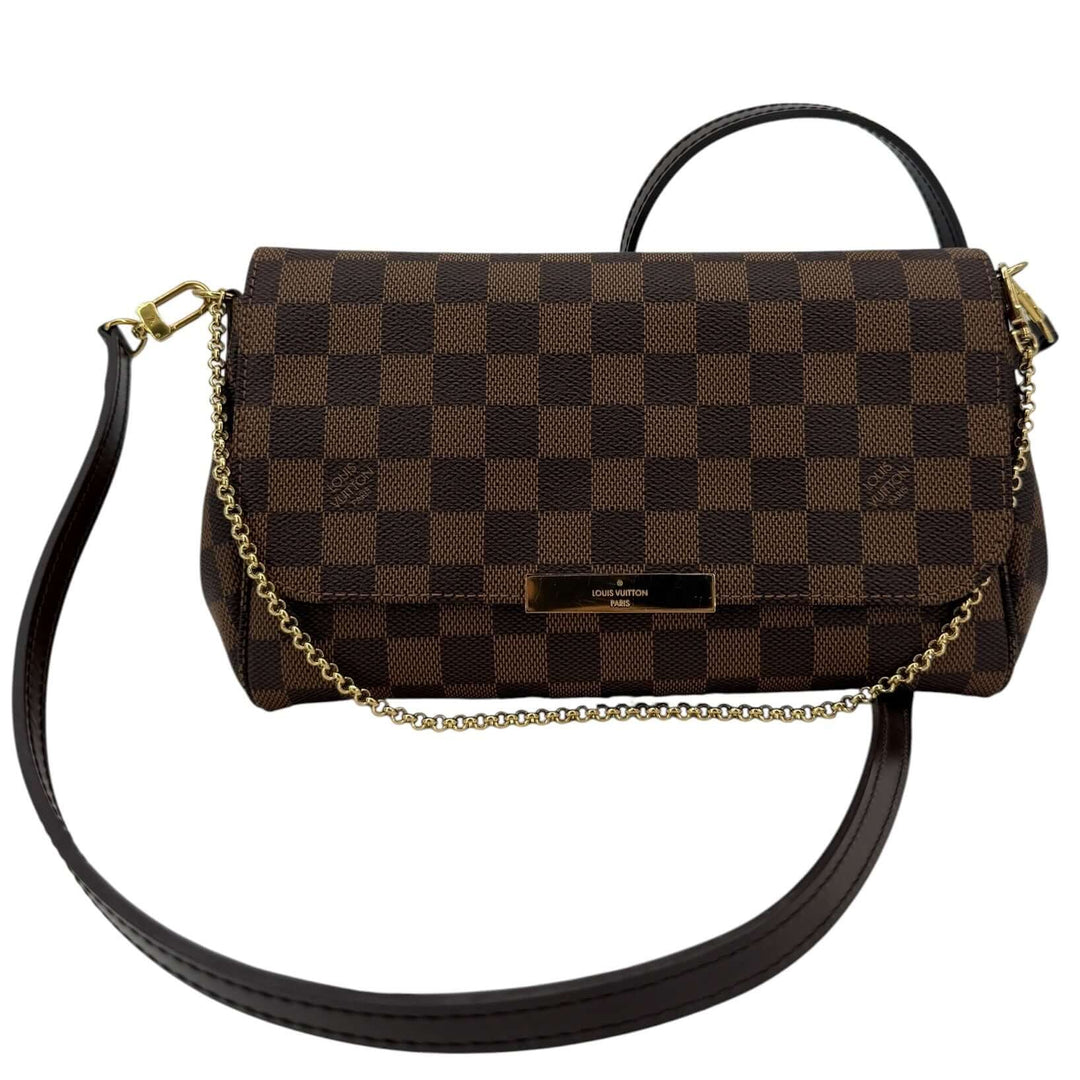 Louis Vuitton Damier Ebene Favorite MM Bag | LuxLoveLouis in checked brown canvas with gold-tone nameplate.