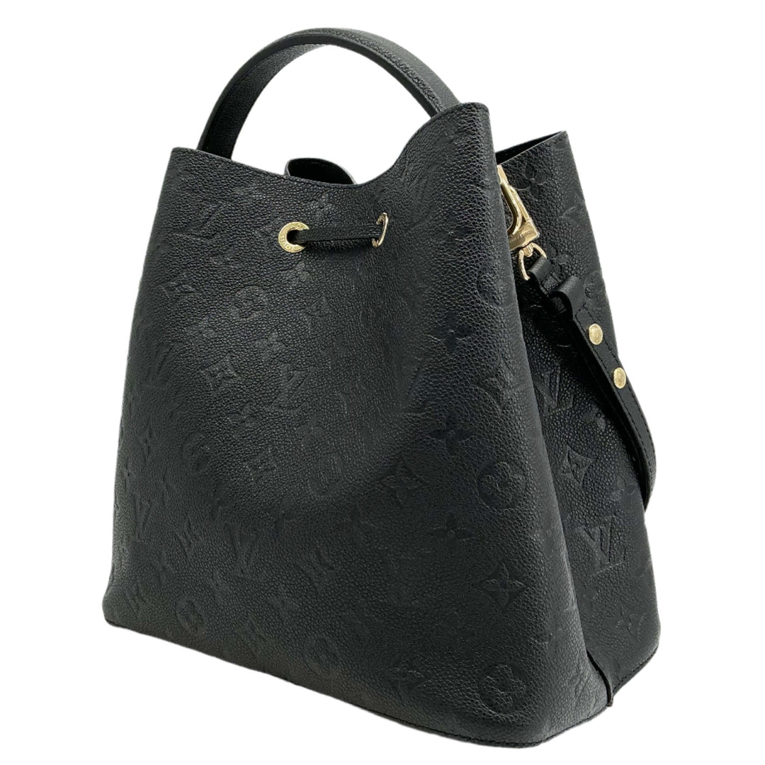 Louis Vuitton Empreinte Neonoe MM Bucket Bag in black leather with embossed monogram design and removable shoulder strap.