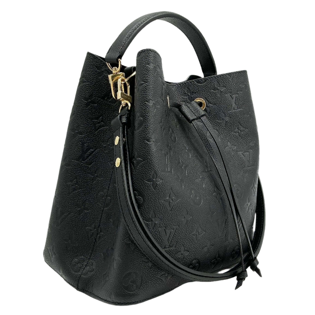 Louis Vuitton Empreinte Neonoe MM Bucket Bag in black leather with signature monogram design and removable strap.