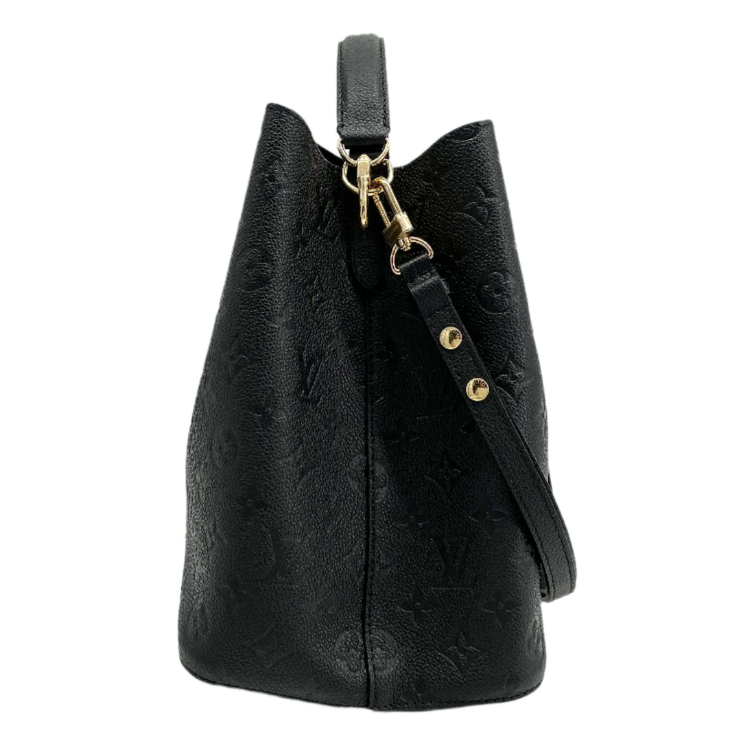 Louis Vuitton Empreinte Neonoe MM Bucket Bag in black monogram leather, showcasing its elegant silhouette and shoulder strap.