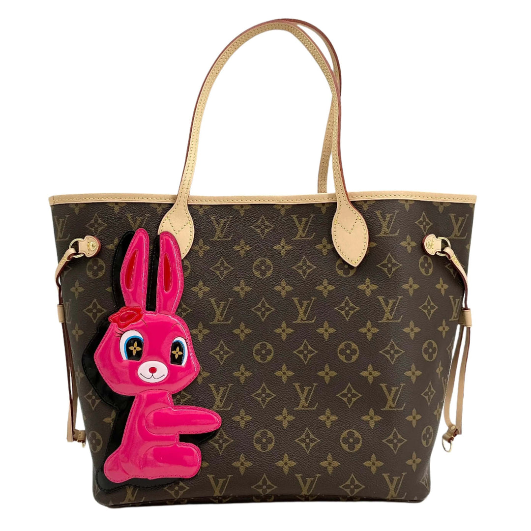 Louis Vuitton Neverfull MM x Sun Yitian Collaboration in Monogram Canvas with pink bunny patch.