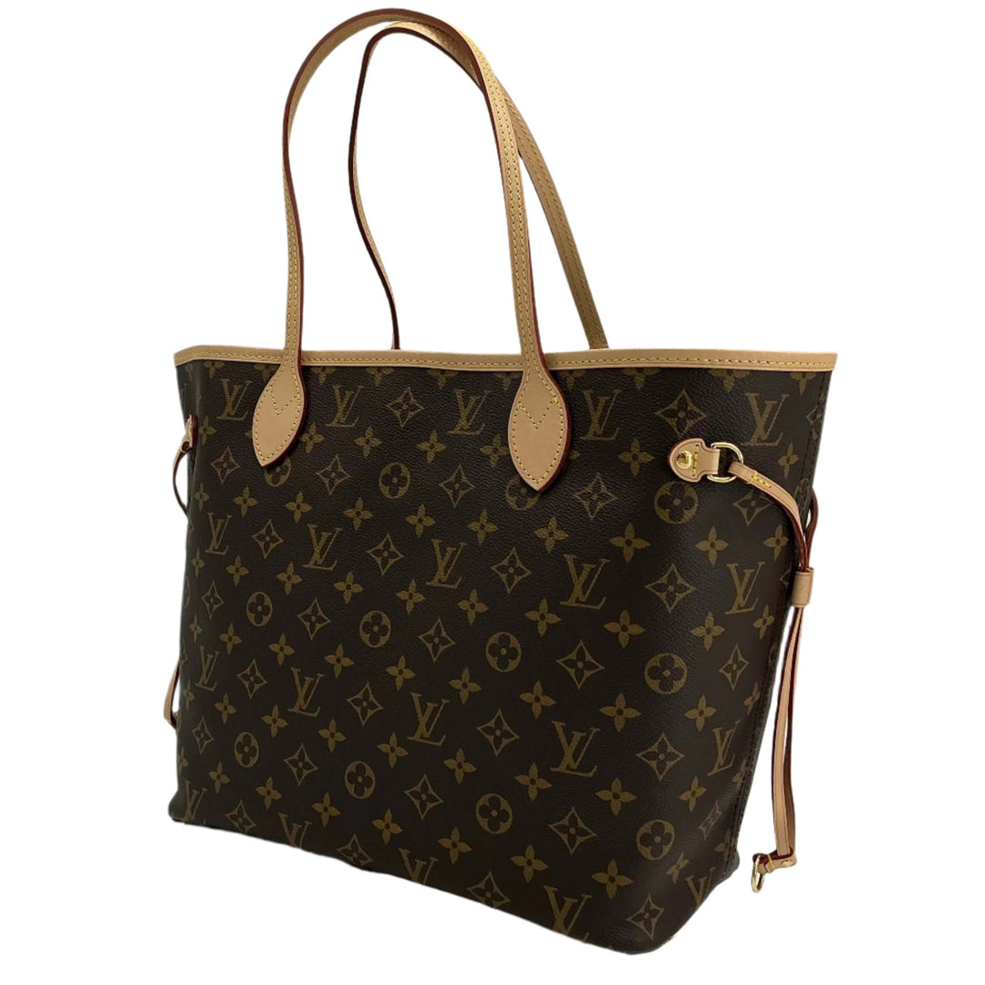 Louis Vuitton Neverfull MM bag in Monogram canvas with leather handles, a stylish accessory for any outfit.