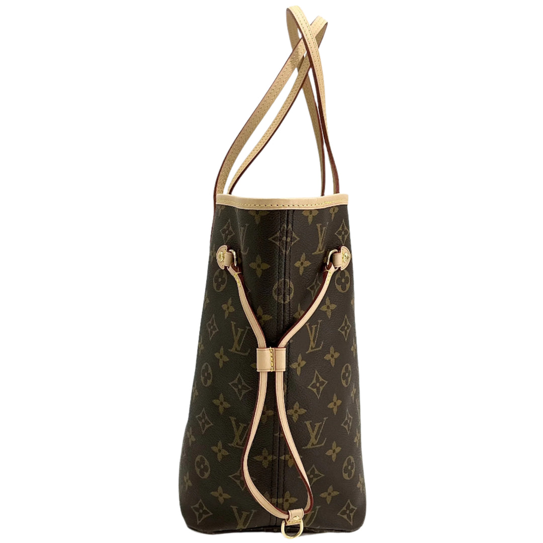 Louis Vuitton Neverfull MM Monogram Canvas handbag side view with elegant straps.