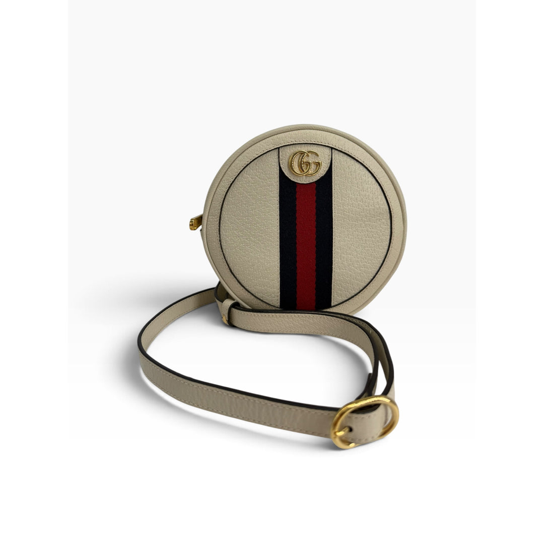 Gucci Ophidia mini round backpack in Mystic White leather front view