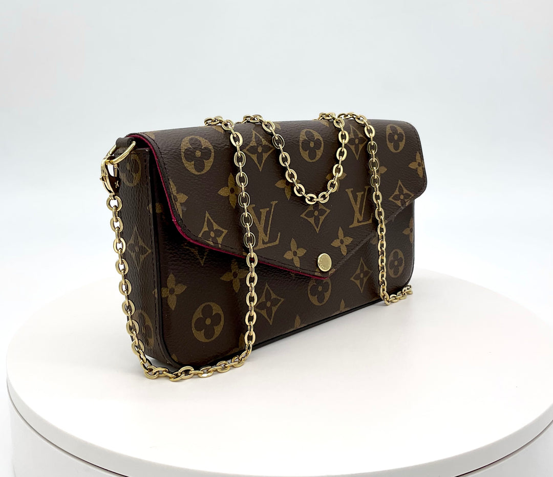 LOUIS VUITTON Monogram Felicie Pochette with chain strap and dust bag, excellent condition, stylish design.