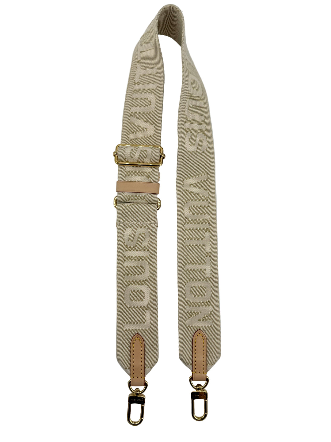 Louis Vuitton Monogram canvas crossbody bag strap in beige with gold-tone hardware and refined detailing.