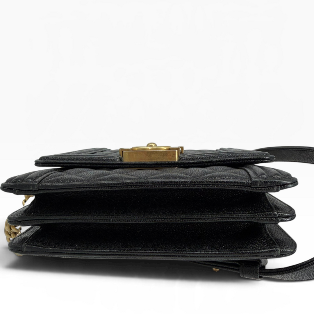 Chanel North South Boy Bag lower profile showing accordion-style leather gussets and layered construction