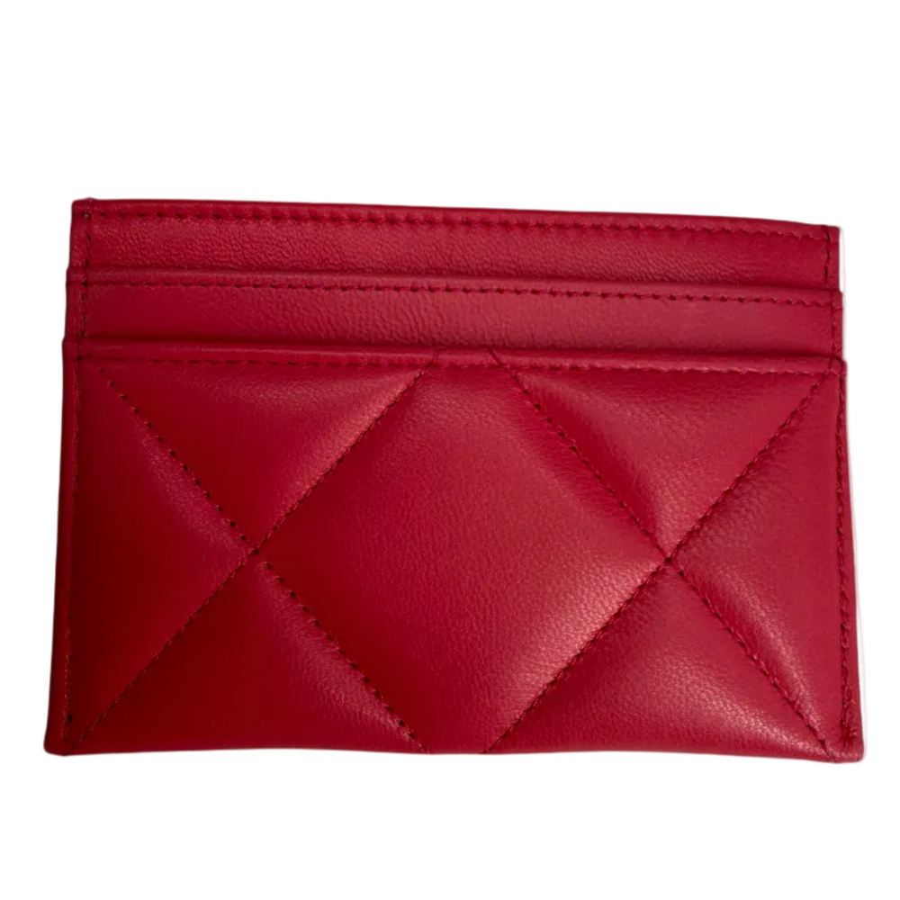 Chanel 19 Card Holder dark pink lambskin rear showing diamond quilting and exterior card slots