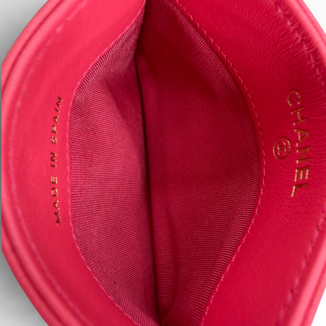 Chanel 19 Card Holder dark pink interior showing tonal textile lining, leather trim and Chanel Made in Spain markings