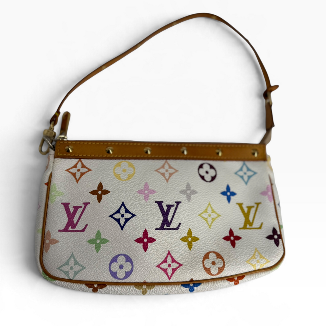 Louis Vuitton Monogram Multicolore Pochette Accessoires White front showing colorful LV monograms, Vachetta leather trim and gold-tone studs