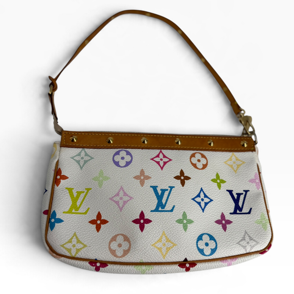Louis Vuitton Monogram Multicolore Pochette Accessoires White reverse view with colorful Monogram canvas and short Vachetta leather strap