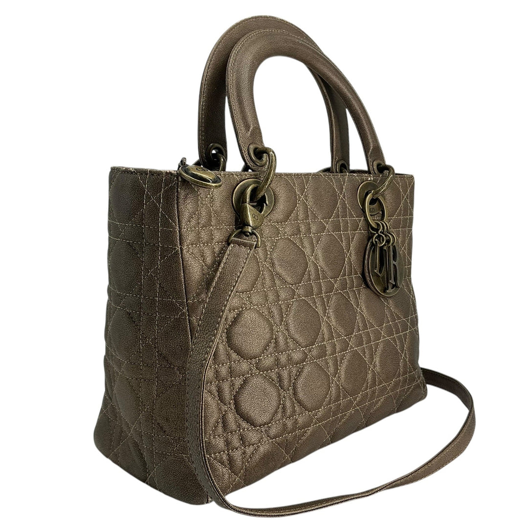 Christian Dior Metallic Lambskin Cannage Medium Lady Dior Bronze