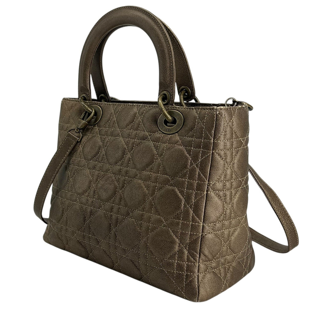 Christian Dior Metallic Lambskin Cannage Medium Lady Dior Bronze