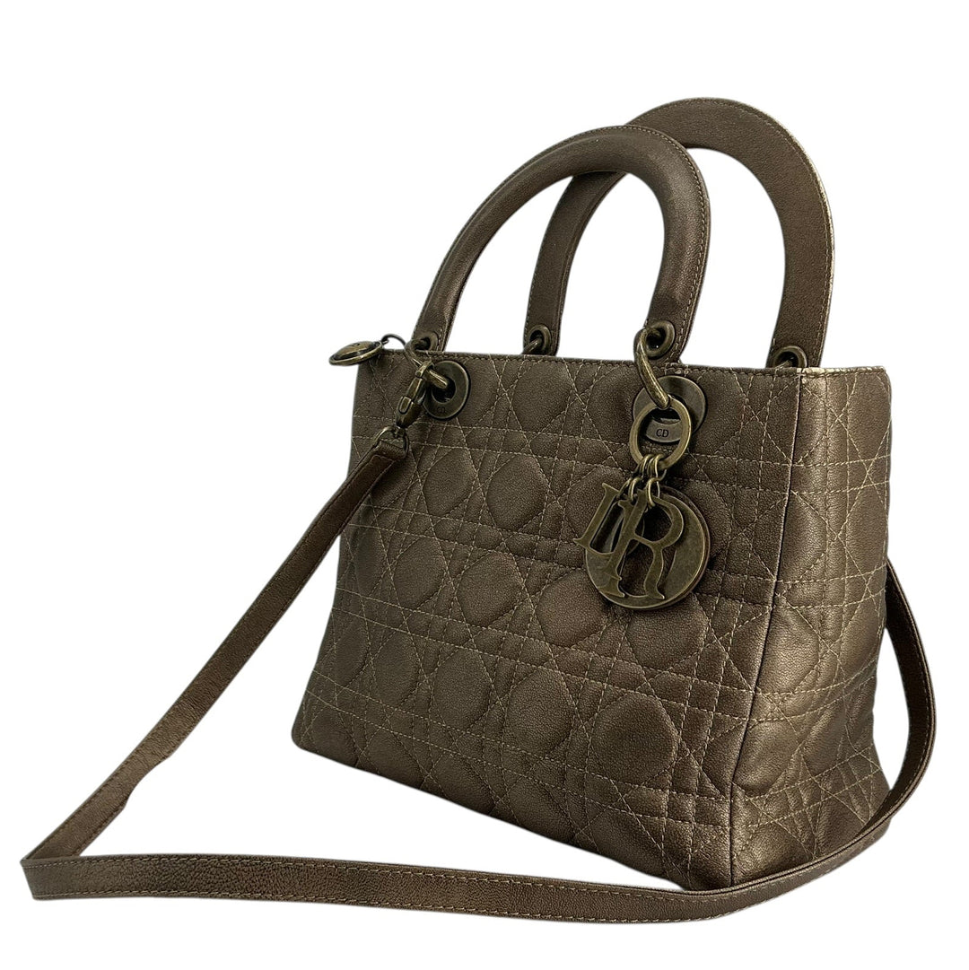 Christian Dior Metallic Lambskin Cannage Medium Lady Dior Bronze