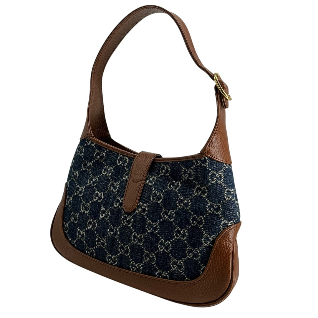 Gucci New Denim GG Monogram Calfskin Small Jackie 1961 Hobo Blue Tea Cuir
