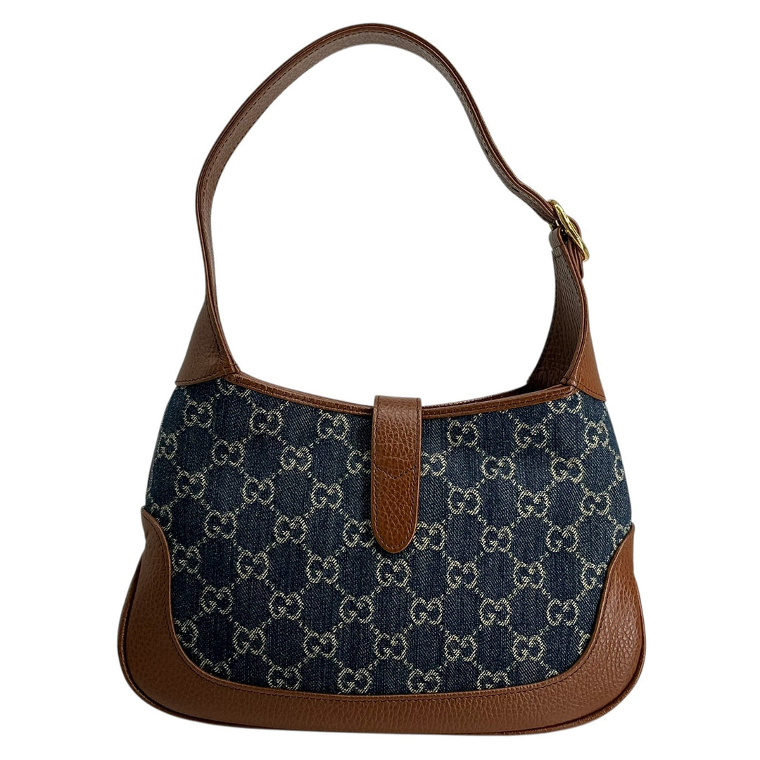 Gucci New Denim GG Monogram Calfskin Small Jackie 1961 Hobo Blue Tea Cuir