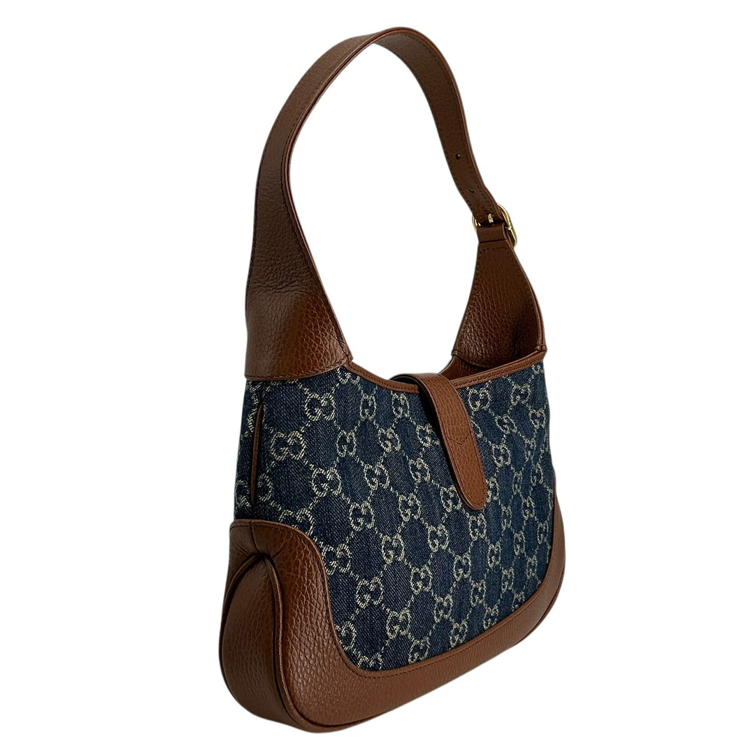 Gucci New Denim GG Monogram Calfskin Small Jackie 1961 Hobo Blue Tea Cuir