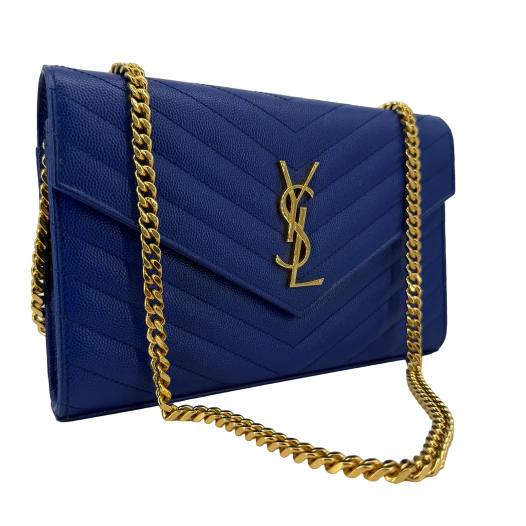 Saint Laurent Blue Majorelle Grain de Poudre Chevron Monogram Chain Wallet