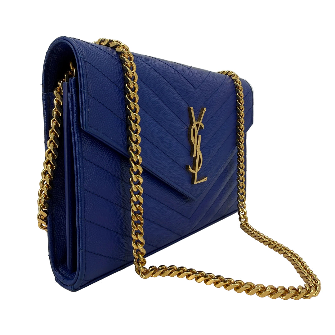 Saint Laurent Blue Majorelle Grain de Poudre Chevron Monogram Chain Wallet