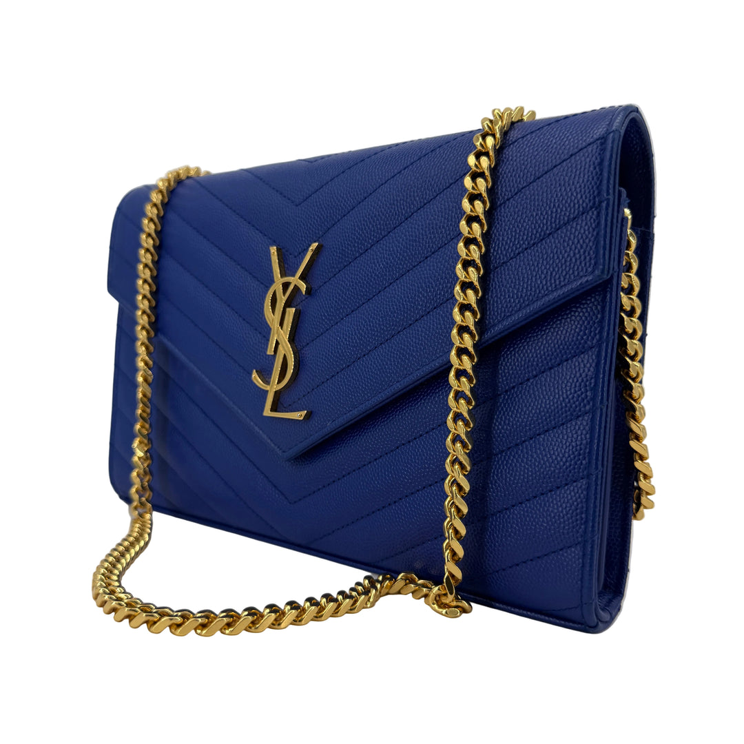 Saint Laurent Blue Majorelle Grain de Poudre Chevron Monogram Chain Wallet