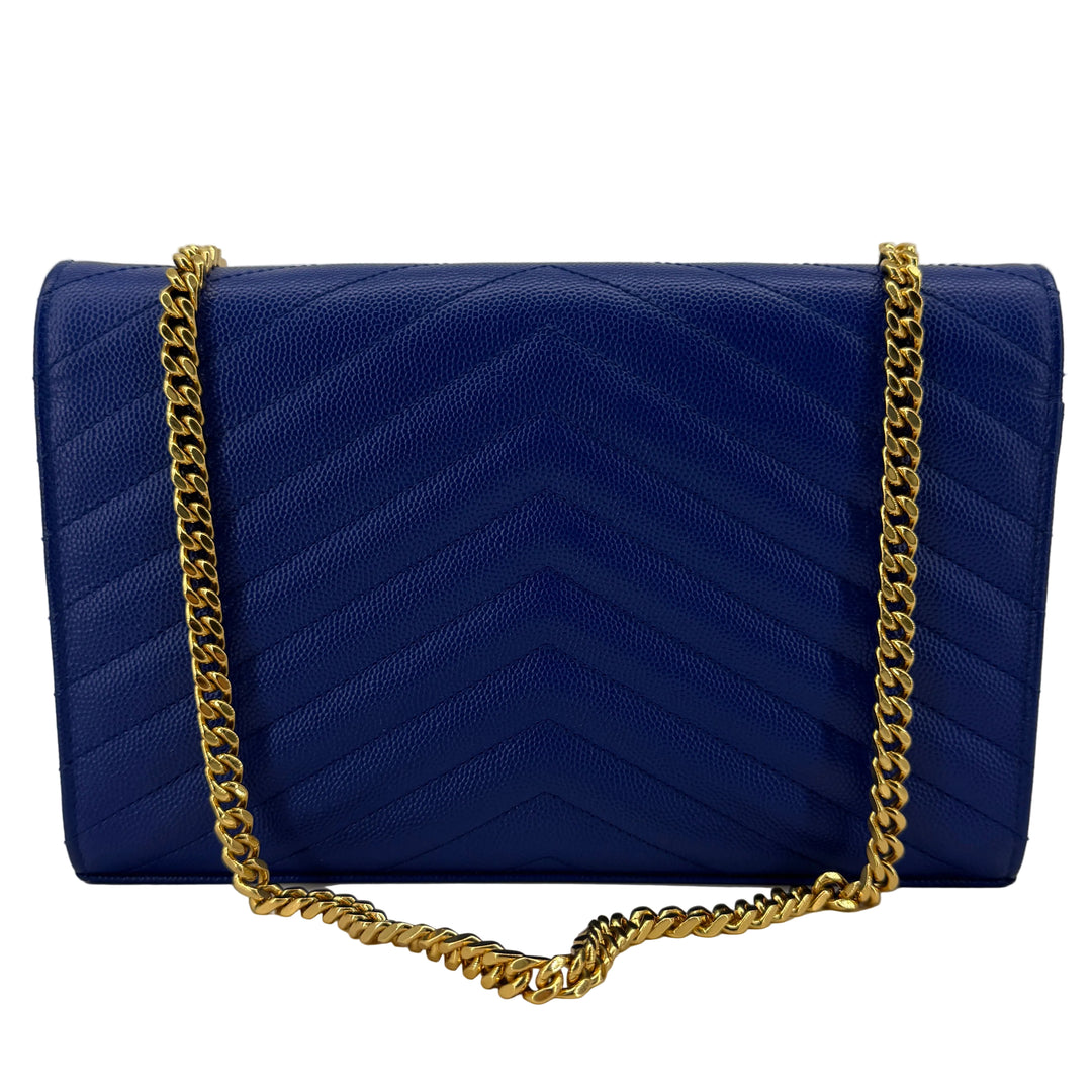 Saint Laurent Blue Majorelle Grain de Poudre Chevron Monogram Chain Wallet