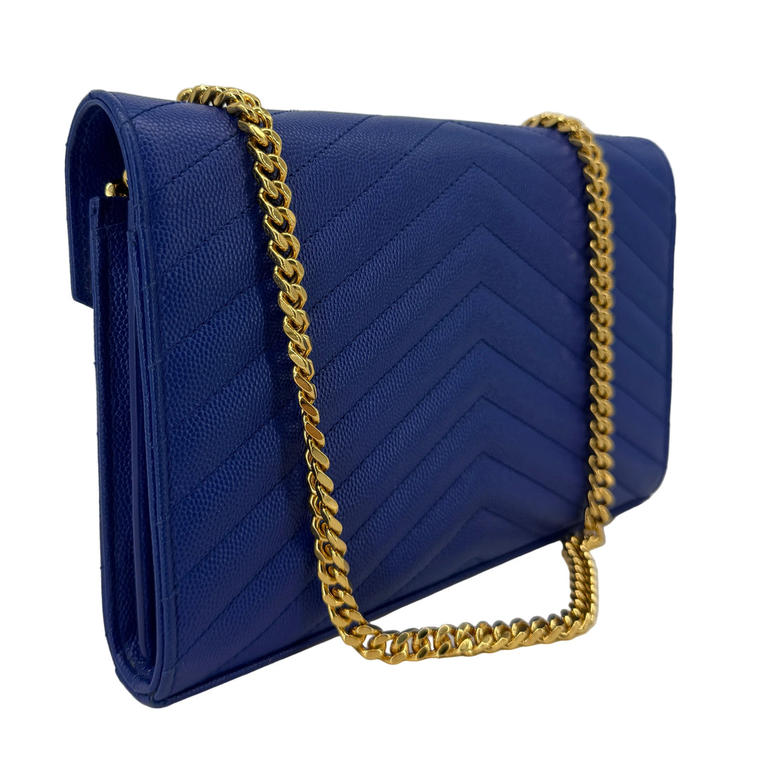 Saint Laurent Blue Majorelle Grain de Poudre Chevron Monogram Chain Wallet