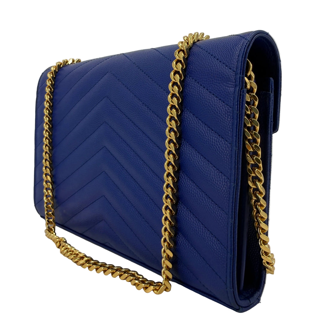 Saint Laurent Blue Majorelle Grain de Poudre Chevron Monogram Chain Wallet