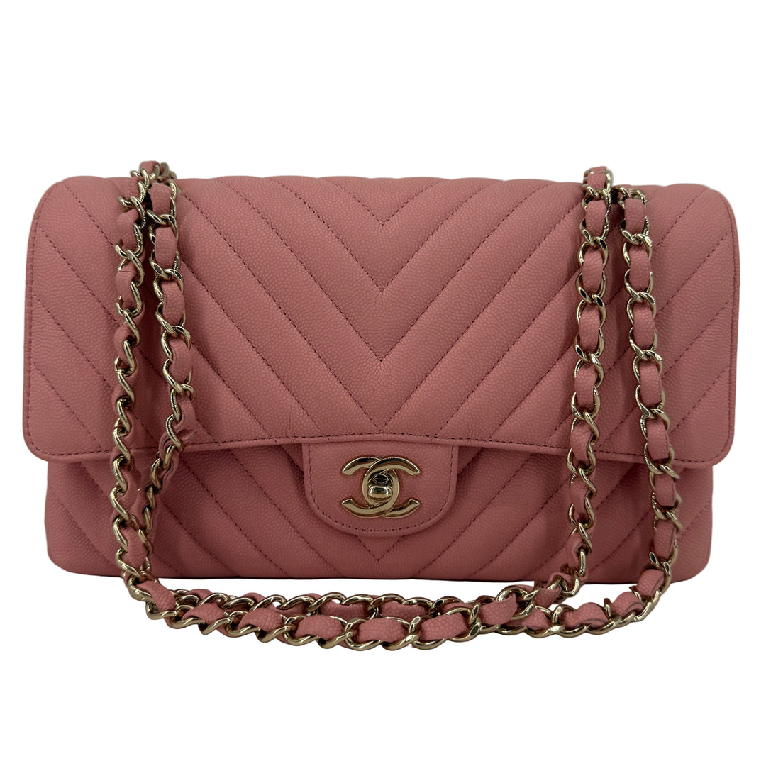Chanel Medium Double Flap – Light Pink Chevron Caviar, Light Gold Hardware