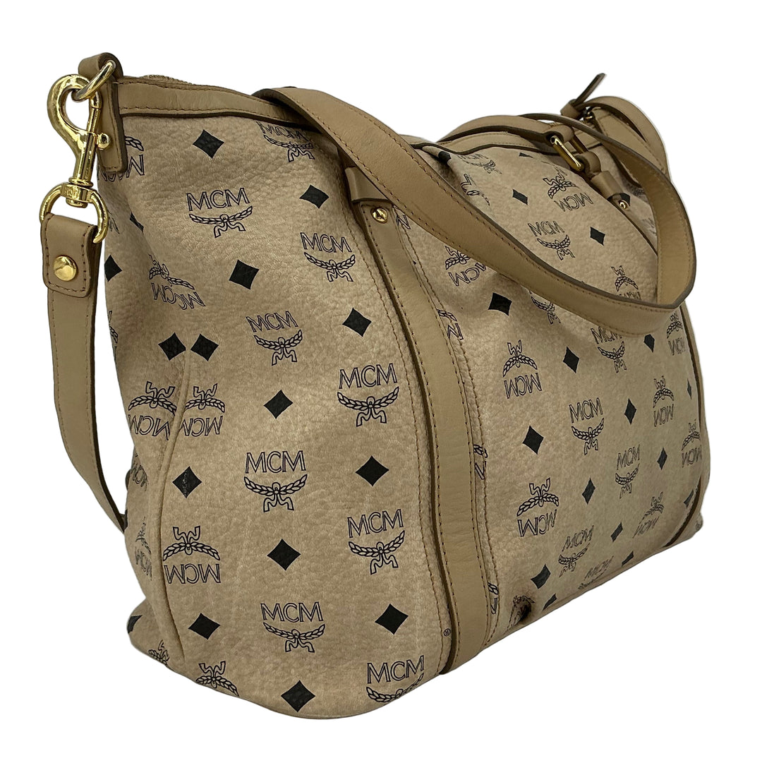 MCM Visetos Medium Essentials Shopper Tote in beige with black monogram pattern and leather trim, stylish everyday carryall.