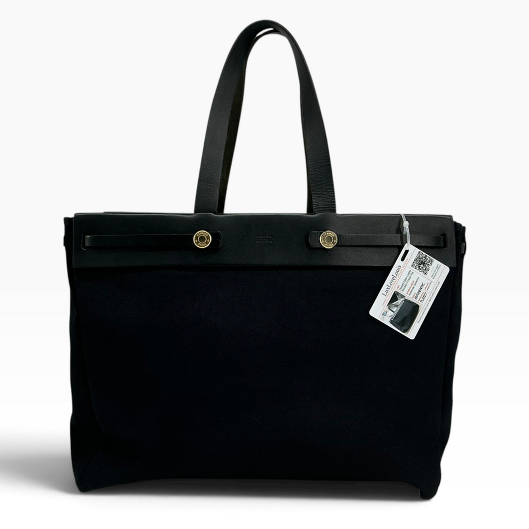 Hermès Herbag Cabas MM black toile canvas tote front view