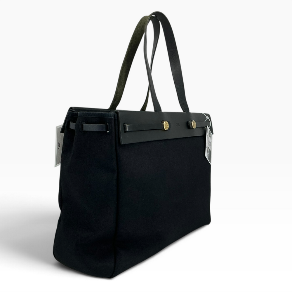 Hermès Herbag Cabas MM black toile and leather three quarter view