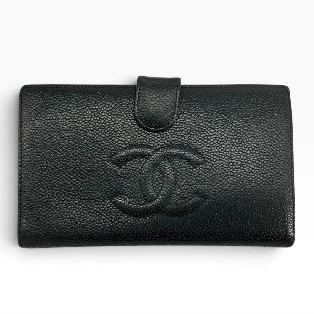 Vintage Chanel black caviar leather wallet embossed CC front