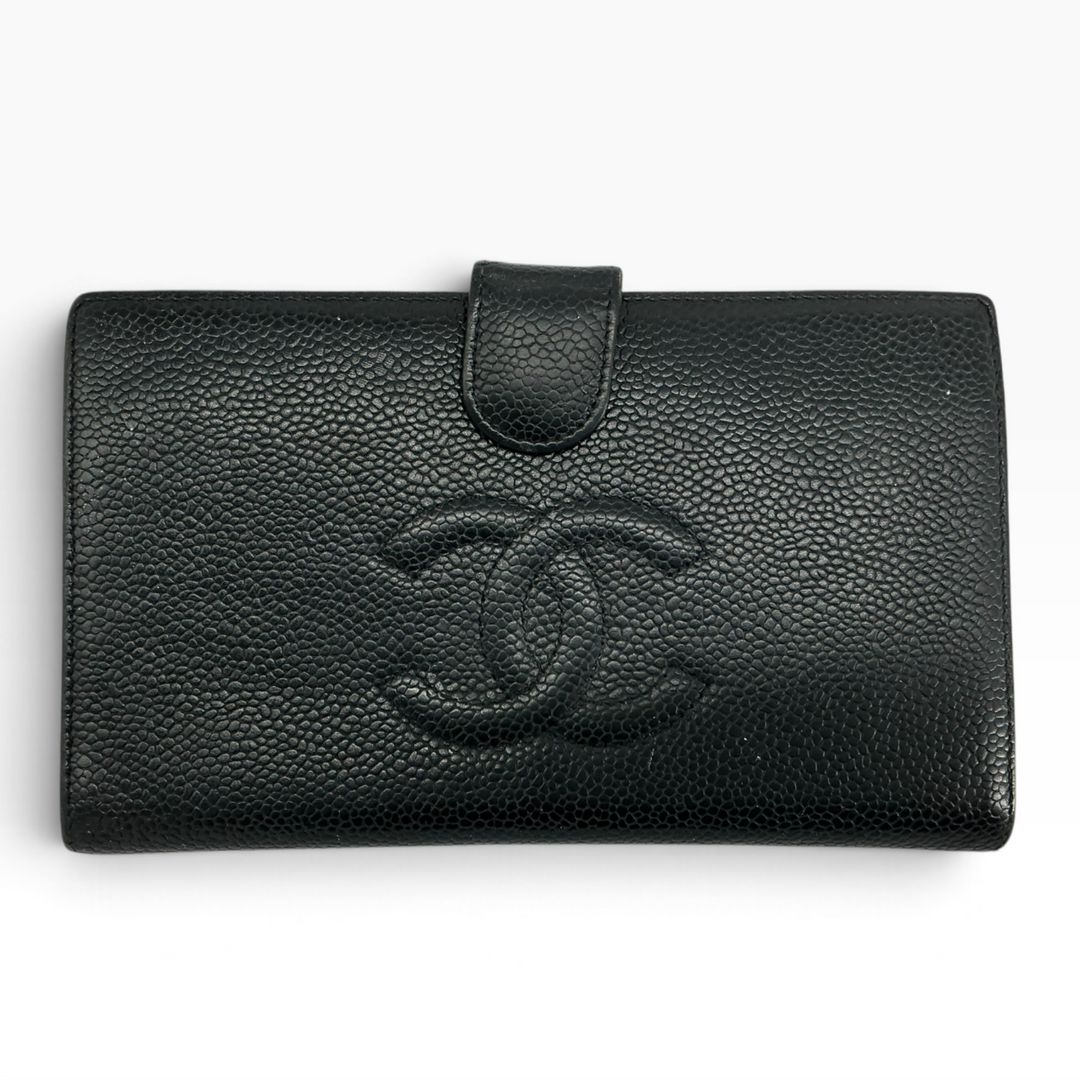 Vintage Chanel black caviar leather wallet embossed CC front