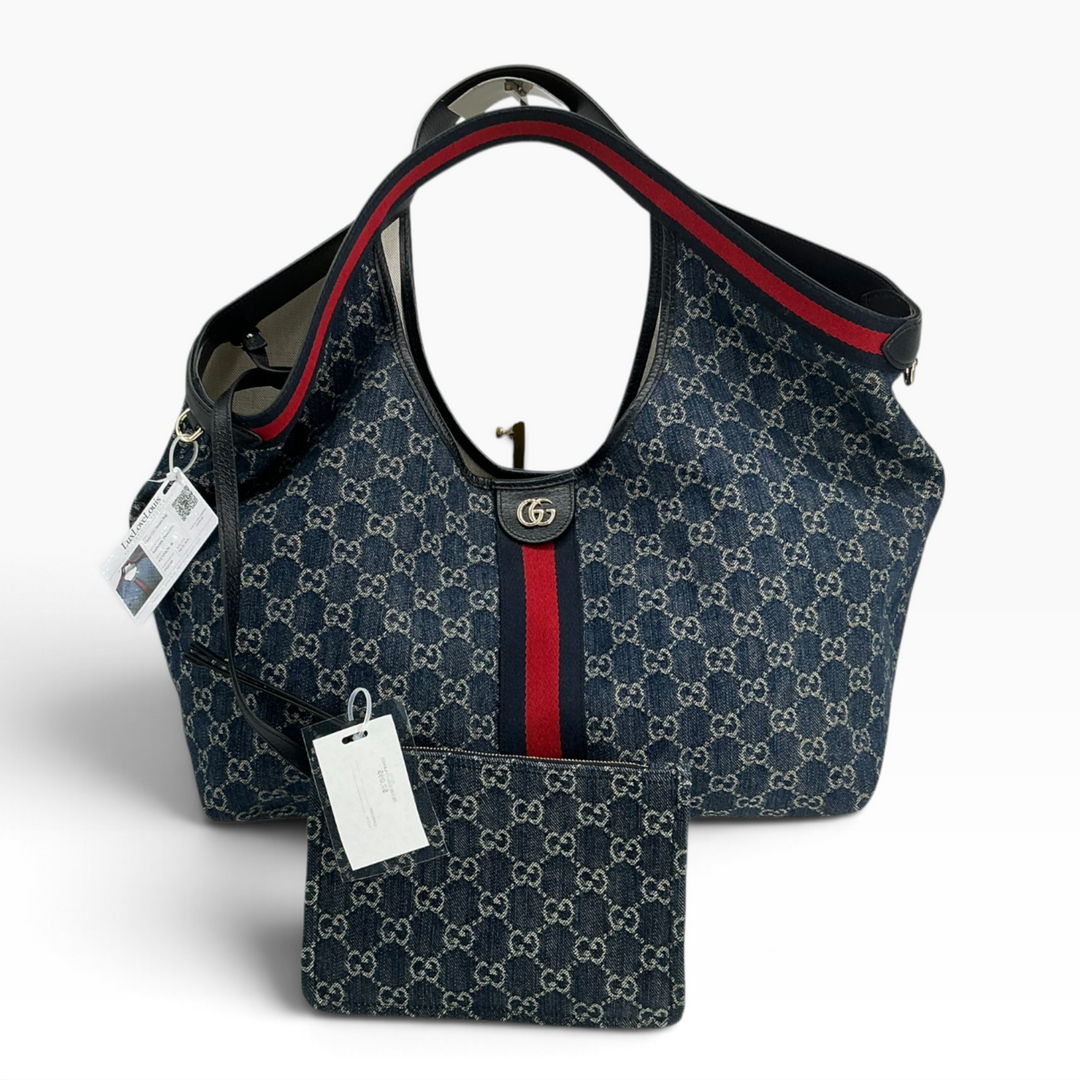Gucci Giglio Large Tote blue GG denim with detachable pouch front view