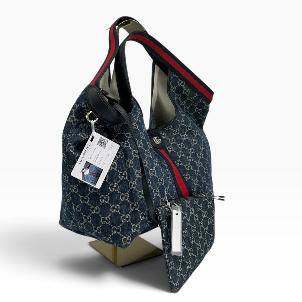 Gucci Giglio detachable GG denim pouch and monogram exterior detail