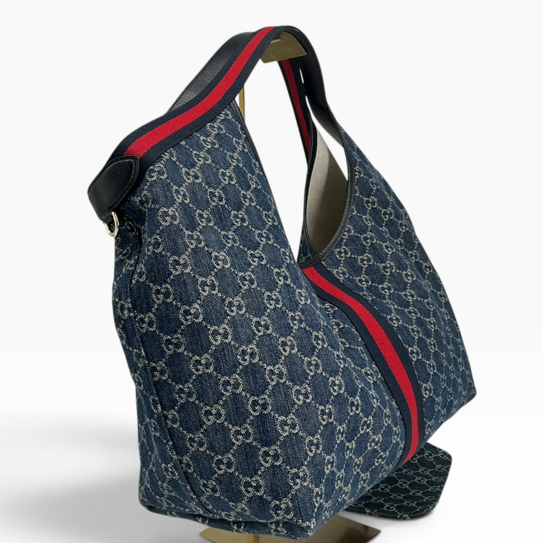 Gucci Giglio detachable GG denim pouch and monogram exterior detail