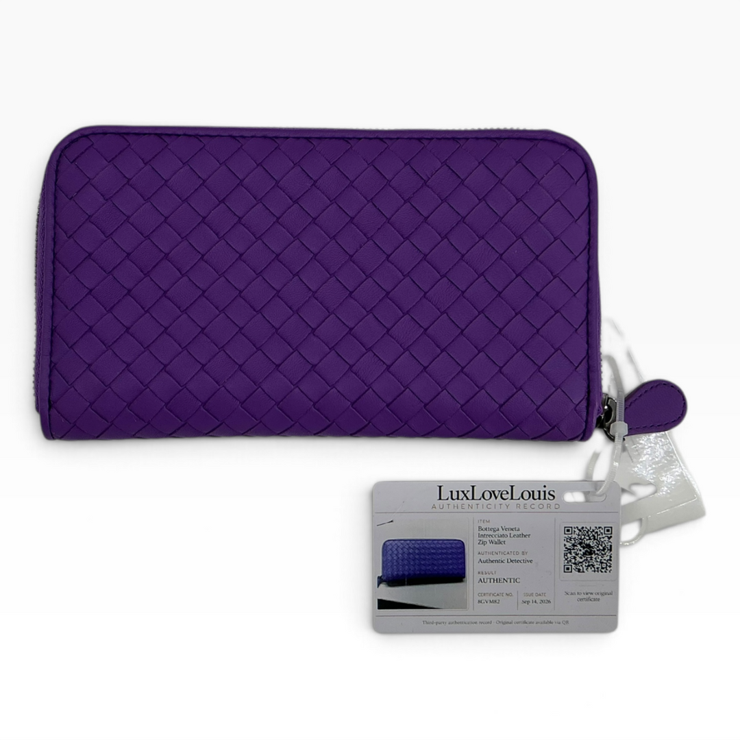 Bottega Veneta purple woven leather zip wallet with authentication recor