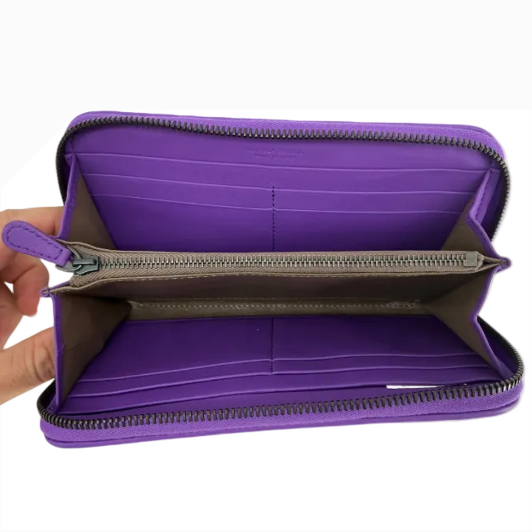 Bottega Veneta purple Intrecciato zip-around wallet interior made in italy